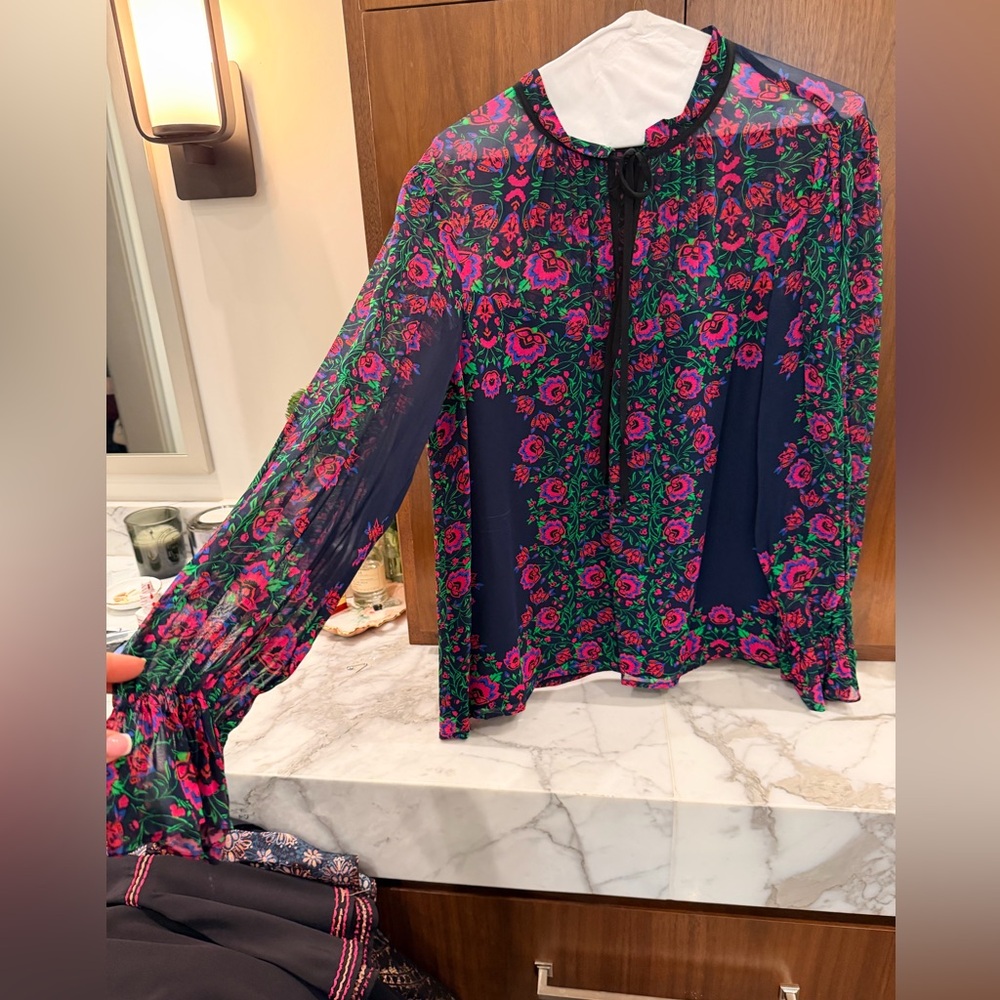 Nanette Lepore Navy and Pink Floral Blouse